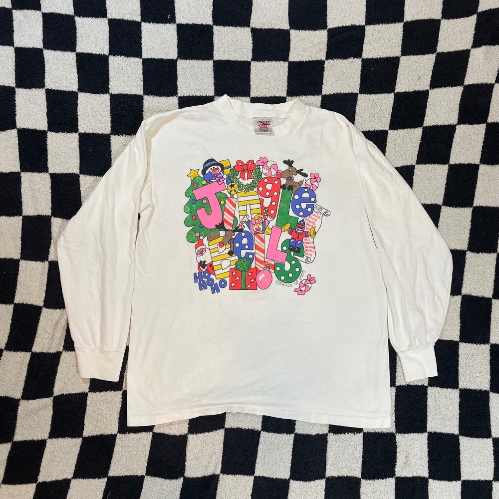 vintage oneita jingle bells christmas long sleeve made in usa size xl